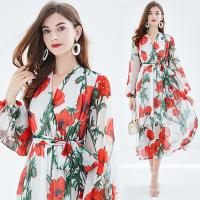 Polyester Waist-controlled & Soft One-piece Dress large hem design & mid-long style & slimming printed floral red PC