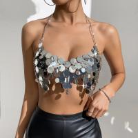 Metal & PVC Slim Camisole midriff-baring & deep V & hollow patchwork silver : PC