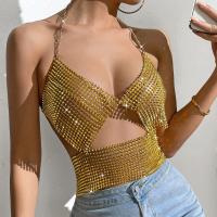 Metal & Nylon Slim Camisole deep V & hollow patchwork Solid gold PC