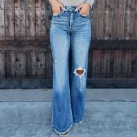 Denim Wide Leg Trousers & Ripped Women Long Trousers & loose stretchable Solid blue PC