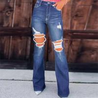 Denim Wide Leg Trousers & Ripped & Slim Women Long Trousers & loose stretchable Solid blue PC