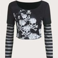 Polyester Slim Women Long Sleeve T-shirt printed skull pattern black PC