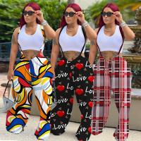 Polyester Long Trousers & Wide Leg Trousers & Plus Size & High Waist Women Suspender Trousers printed PC