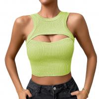 Viscose Tank Top midriff-baring & slimming & off shoulder & hollow knitted Solid PC