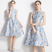 Polyester Waist-controlled One-piece Dress & loose & breathable printed shivering blue PC