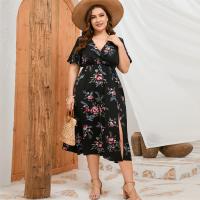 Polyester Plus Size One-piece Dress side slit printed floral black PC