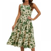 Polyester & Cotton A-line One-piece Dress mid-long style printed floral green PC
