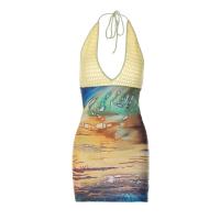 Spandex & Polyester Beach Dress backless & hollow printed multi-colored PC