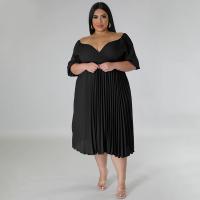 Polyester Waist-controlled & Plus Size & Pleated One-piece Dress deep V & off shoulder Solid PC