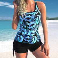 Polyester Tankinis Set backless & two piece & breathable printed blue Set