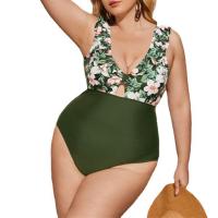 Polyamide & Spandex Plus Size One-piece Swimsuit printed floral green PC