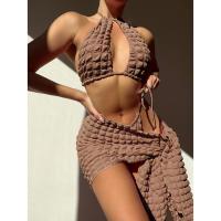Polyester Bikini & three piece & padded plain dyed plaid brown Set
