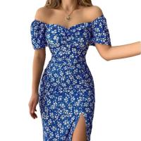 Polyester front slit & Plus Size Boat Neck One-piece Dress printed shivering PC