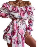 Polyester Waist-controlled & Plus Size Boat Neck One-piece Dress printed PC