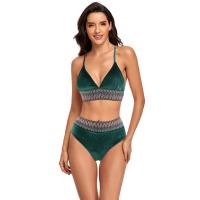 Polyester High Waist Bikini backless & two piece Polyester printed Solid green Set