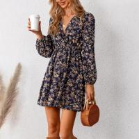 Polyester Waist-controlled One-piece Dress deep V printed shivering PC