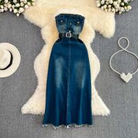 Denim long style One-piece Dress back split & off shoulder stretchable Solid blue PC