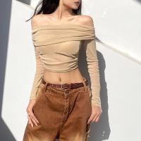 Polyester Women Long Sleeve T-shirt midriff-baring & backless & off shoulder patchwork Solid khaki PC