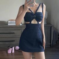 Polyester High Waist Slip Dress backless & hollow patchwork Solid blue PC