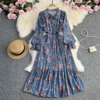Polyester Waist-controlled & Pleated & High Waist One-piece Dress mid-long style & slimming printed : PC