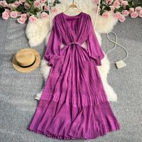 Polyester Waist-controlled & Pleated & High Waist One-piece Dress large hem design & slimming Solid : PC