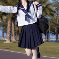 Polyester Slim Women Sailor Suit with neckerchief & two piece Navy Blue Set
