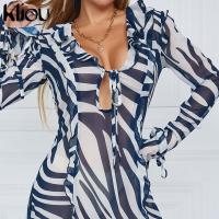 Polyester Slim One-piece Dress see through look striped black PC
