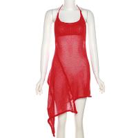 Polyester Slip Dress backless & hollow knitted Solid red PC