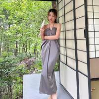 Polyester Slip Dress backless & loose patchwork Solid gray PC
