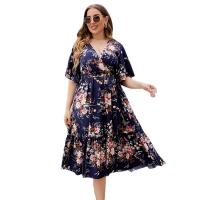 Polyester Waist-controlled & Plus Size One-piece Dress printed shivering deep blue PC