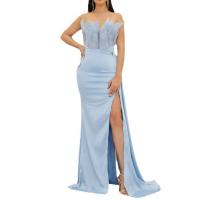 Spandex & Polyester Long Evening Dress side slit & off shoulder patchwork blue PC