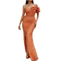 Polyester High Waist Long Evening Dress side slit & off shoulder Sequin patchwork Solid PC