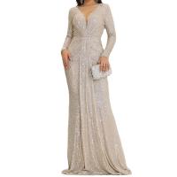 Polyester High Waist Long Evening Dress backless patchwork silver PC