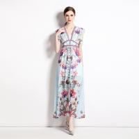 Chiffon One-piece Dress see through look & deep V & double layer printed floral light blue PC