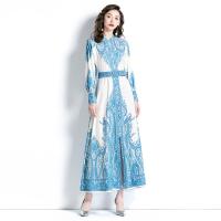 Polyester Waist-controlled & front slit One-piece Dress & breathable printed blue PC