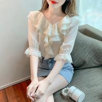 Acrylic lace Women Short Sleeve Shirt & loose & breathable Solid Apricot PC