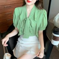Chiffon lace & Soft Women Short Sleeve Shirt & breathable Solid green PC