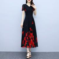 Chiffon Waist-controlled & Soft & Slim One-piece Dress printed floral black PC