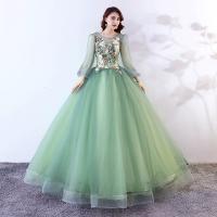 Polyester Waist-controlled Long Evening Dress large hem design floral green PC