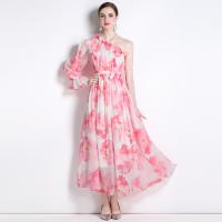 Chiffon Soft One-piece Dress double layer & One Shoulder printed shivering pink PC