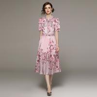 Polyester Waist-controlled & Pleated One-piece Dress & breathable printed shivering pink PC