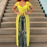 Polyester Women Long Cardigan see through look & hollow patchwork Solid yellow PC