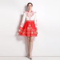 Chiffon Waist-controlled One-piece Dress & knee-length & breathable printed Solid red PC