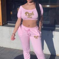 Polyester Women Casual Set midriff-baring & two piece Pants & top printed letter pink Set