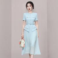 Chiffon Pleated One-piece Dress double layer & fake two piece Solid blue PC