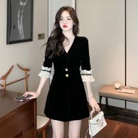Polyester Waist-controlled One-piece Dress deep V & breathable Solid black PC