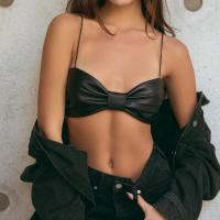 PU Leather Camisole midriff-baring Solid black PC