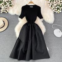Knitted & Polyester Waist-controlled One-piece Dress large hem design & slimming Solid black PC