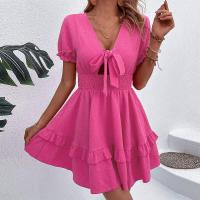 Polyester One-piece Dress deep V & hollow Solid fuchsia PC