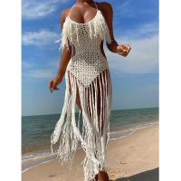 Acrylic Tassels Beach Dress backless patchwork Solid white and green PC